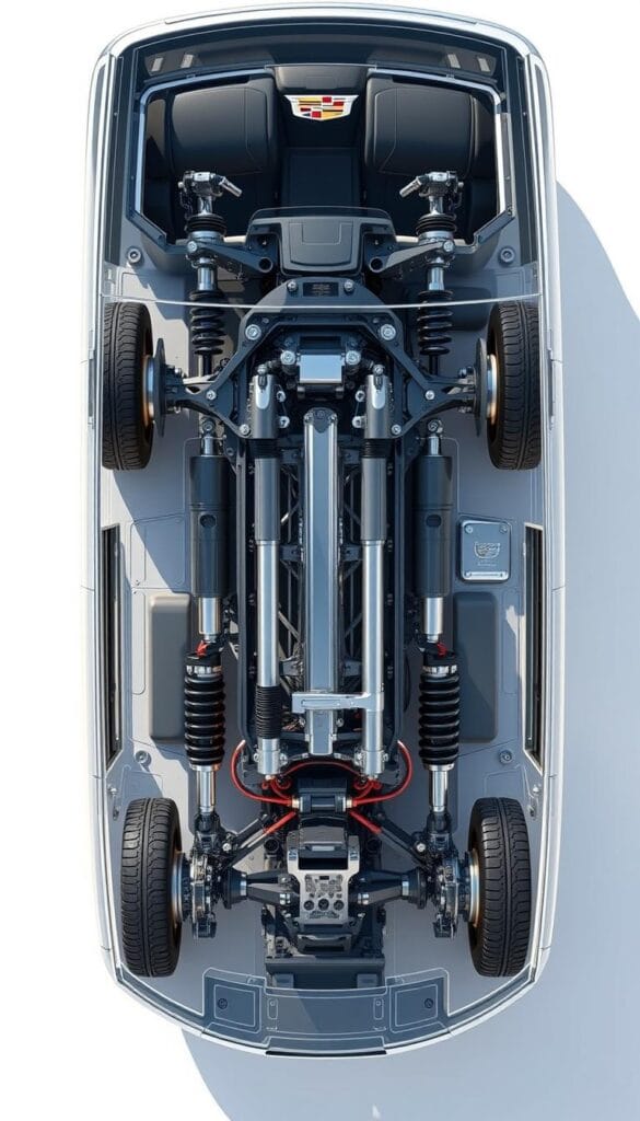 Detailed cutaway diagram of the 2025 Cadillac Escalade's advanced suspension system, showcasing its cutting-edge components and technology. Crisp, high-resolution rendering with natural lighting accentuating the intricate mechanical details. Transparent chassis frames the suspension arms, shock absorbers, and air suspension components, allowing a clear view of their precise engineering and positioning. The image should convey a sense of technical sophistication and the Escalade's exceptional ride quality and handling dynamics.