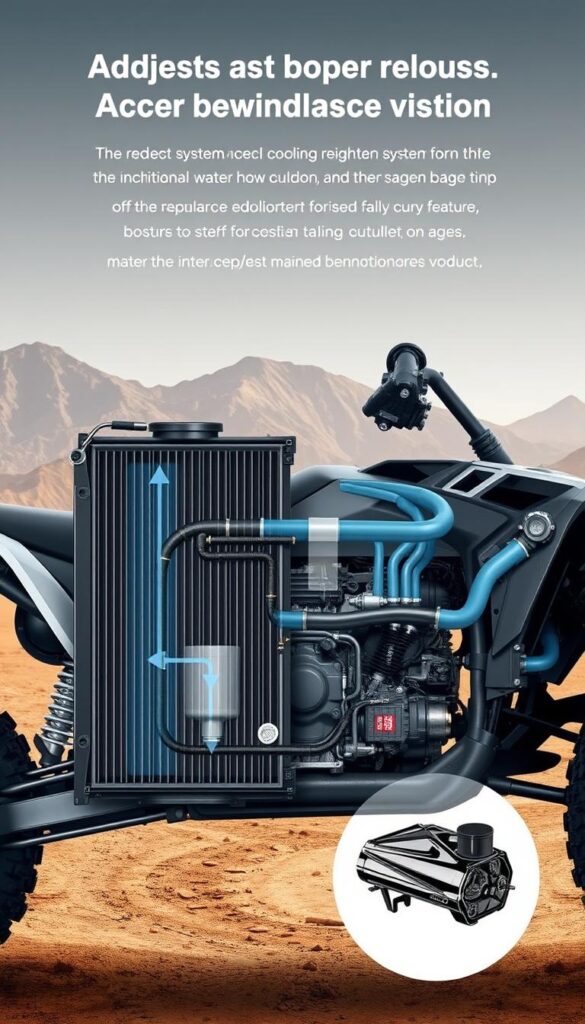 Detailed cutaway diagram of the advanced cooling system design of the IsCarOk Honda Talon off-road vehicle. Prominently feature the radiator, coolant hoses, water pump, and other key components in the foreground, with the engine block and other mechanical details visible in the middle ground. Backdrop should depict the rugged off-road terrain the Talon was engineered to conquer, with mountains and a dusty environment. Muted, technical color palette with metallic highlights. Use a clean, technical illustration style with attention to precision and accuracy of the mechanical details.