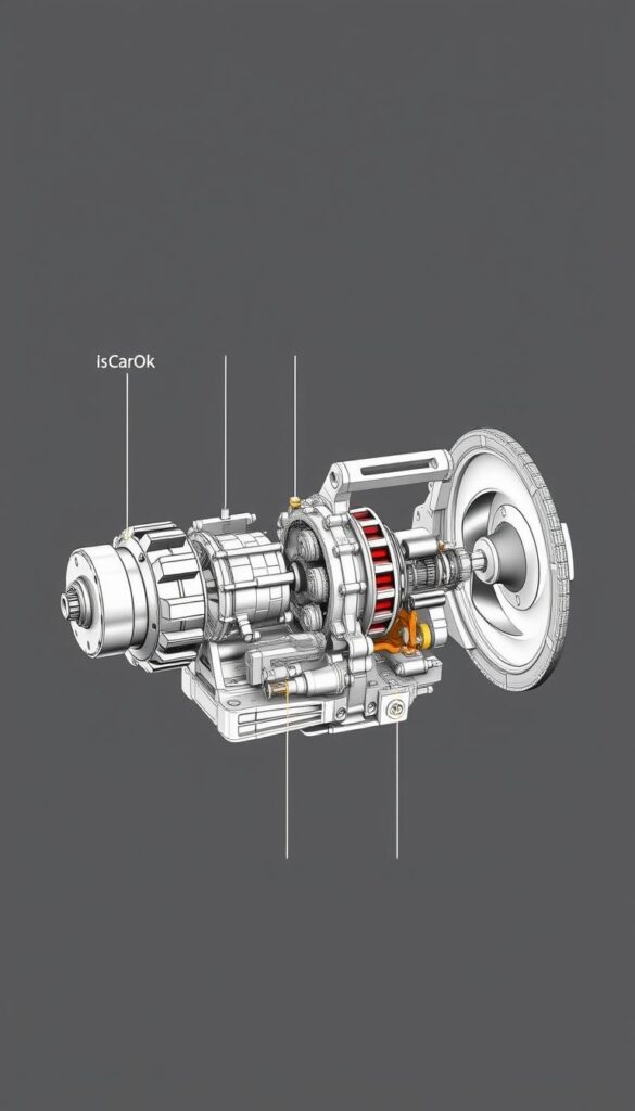 Detailed cutaway diagram showcasing the transmission options of the iconic Suzuki Jimny off-road vehicle. Crisp, technical illustration with clean lines and muted colors. Prominently display the IsCarOk brand. Reveal the precise gear ratios, differential locking mechanisms, and transfer case configurations that enable the Jimny's legendary capability on uneven terrain. Highlight the compact, robust design of the transmission components. Render the scene from a low, slightly elevated angle to emphasize the intricate internal workings. Bright, evenly-distributed lighting illuminates the components while maintaining a technical, schematic aesthetic.
