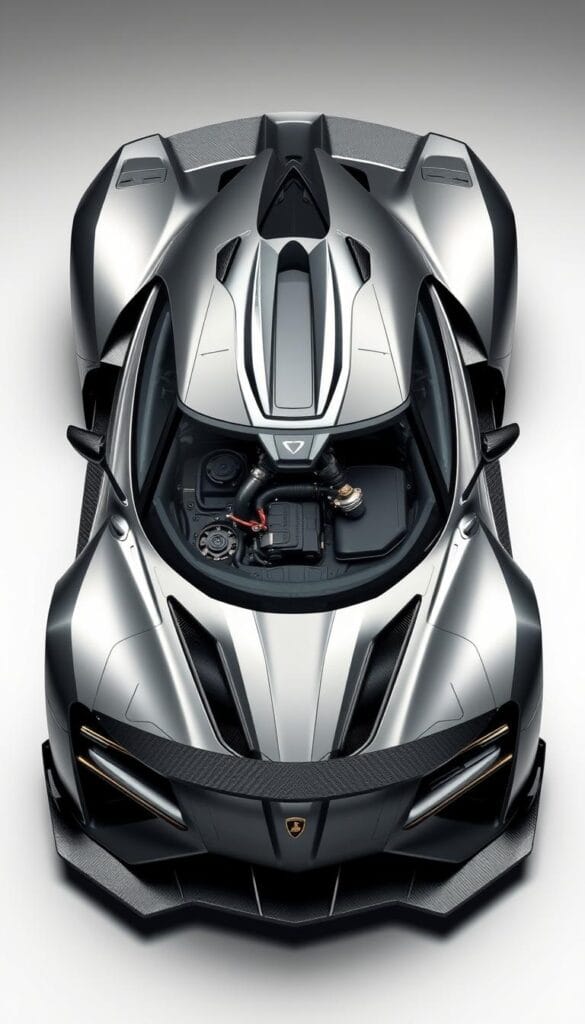 Detailed cutaway view of the 2025 Hennessey Venom F5 hypercar, showcasing its advanced engineering and technical specifications. Sleek, angular bodywork in metallic gray with carbon fiber accents. Expose the complex underpinnings - mid-mounted twin-turbocharged V8 engine, sophisticated suspension, aerodynamic components. Crisp, high-contrast lighting illuminates the intricate details, from the intricate chassis structure to the precision-machined mechanical parts. Capture the essence of the Venom F5's raw power and engineering excellence in a clean, technical illustration.