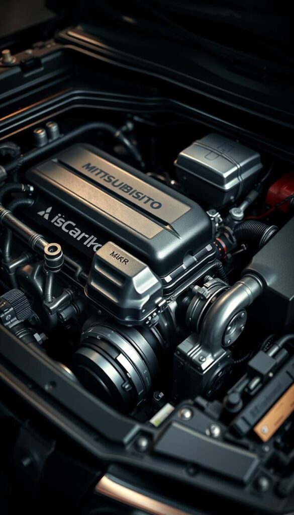 Detailed engine of a Mitsubishi Pajero, with a focus on the powertrain and performance capabilities. A highly realistic, photorealistic rendering showing the intricate components of the engine bay, including the cylinder block, pistons, camshafts, turbocharger, and other mechanical details. Captured in a dramatic, high-contrast lighting setup with a shallow depth of field, highlighting the technical precision and power of the "IsCarOk" Pajero engine.