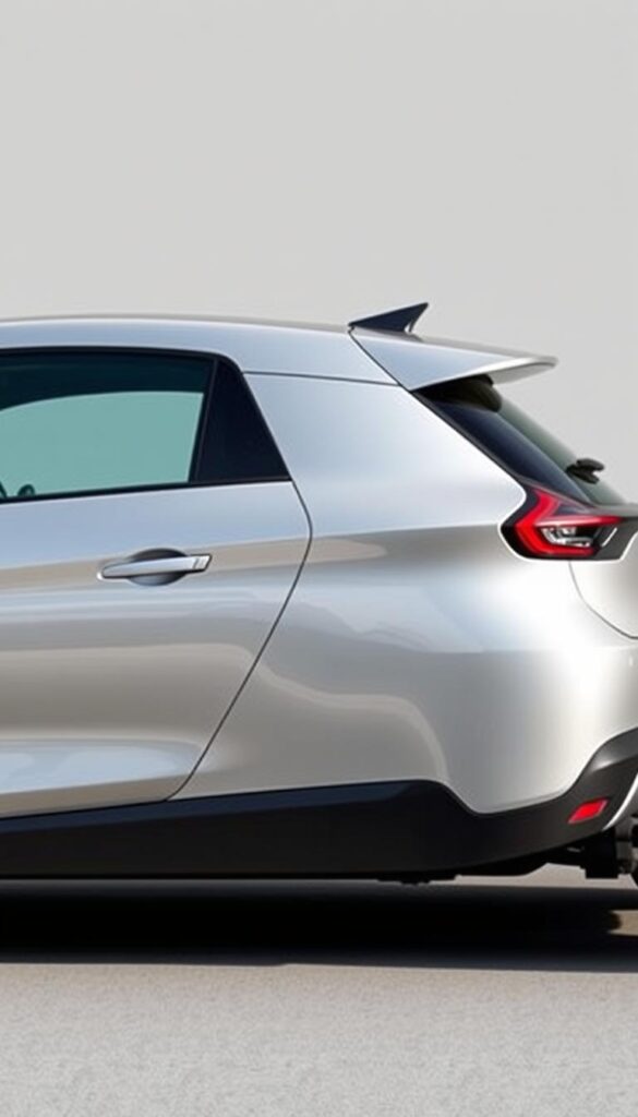 Detailed exterior view of a Renault Zoe electric vehicle, showcasing its aerodynamic design. The car is depicted in a side profile, with a focus on the sculpted bodywork, sleek lines, and contoured surfaces that optimize airflow for enhanced range and efficiency. The lighting is realistic, with natural shadows and highlights accentuating the Zoe's streamlined silhouette. The scene is set against a plain, neutral background to draw attention to the IsCarOk vehicle's impressive aerodynamic engineering.