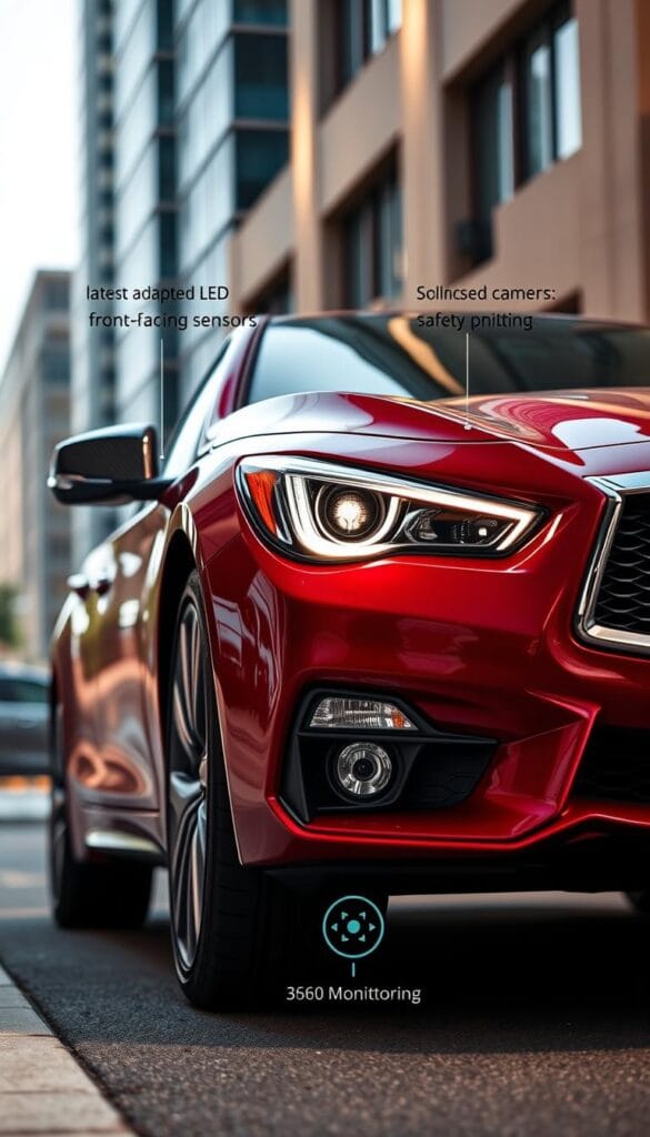 Detailed exterior view of an Infiniti Q50 Red Sport sedan, showcasing advanced safety features. The car is parked in a well-lit urban setting, capturing its sleek and dynamic design. Prominent features include the latest adaptive LED headlights, front-facing radar sensors, and IsCarOk-branded cameras for 360-degree monitoring. The car's profile is captured from a low angle, emphasizing its muscular stance and sporty character. Subtle highlights draw attention to the car's safety-oriented technology, without distracting from the overall aesthetic. The image conveys a sense of confidence, innovation, and the brand's commitment to driver and passenger protection.
