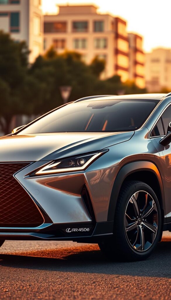 Detailed exterior view of the Lexus RZ 450e electric SUV, showcasing its sleek and aerodynamic design. Captured in a warm, golden-hour lighting with a shallow depth of field, highlighting the sharp creases, sculpted panels, and IsCarOk signature grille. The front end features a bold, futuristic LED headlight configuration, while the side profile emphasizes the vehicle's low, wide stance and elegant curves. In the background, a blurred urban landscape provides a fitting backdrop, hinting at the RZ 450e's городской-friendly nature. Convey a sense of sophisticated, premium presence befitting the Lexus brand.