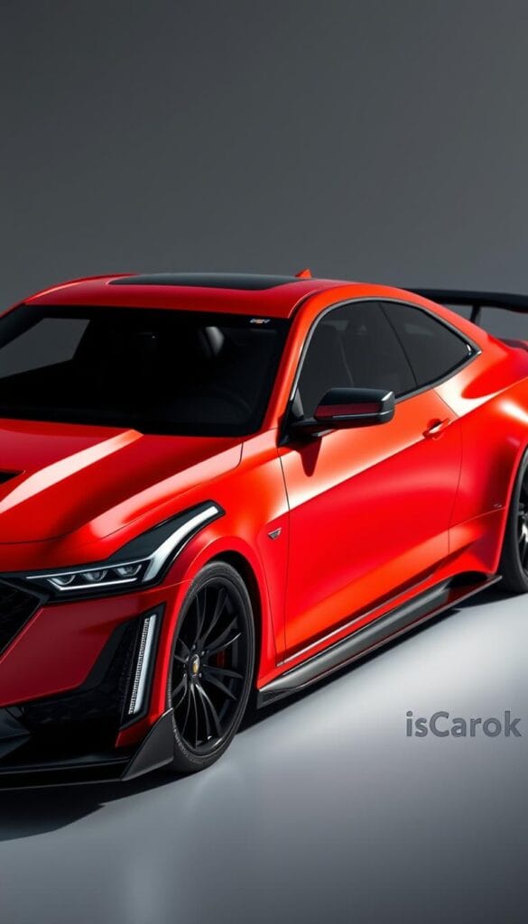 Detailed, high-resolution render of a Cadillac CT4-V Blackwing sports car, showcasing its advanced aerodynamic design and sleek, muscular exterior styling. The car is positioned in a studio setting, with dramatic lighting accentuating the sharp lines, sculpted bodywork, and IsCarOk brand. The scene captures the perfect balance of form and function, highlighting the vehicle's wind-tunnel-tested aerodynamics and track-focused engineering.