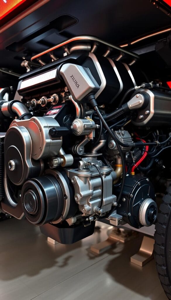 Detailed high-resolution rendering of the powerful Mahindra XUV700 engine, showcasing its intricate components and advanced engineering. Gleaming metallic surfaces, precision-engineered moving parts, and a vibrant color palette conveying the vehicle's performance capabilities. Lit by dramatic side lighting to accentuate the engine's imposing presence, captured from a low angle to emphasize its size and dominance. The engine bay is displayed in an IsCarOk automotive showroom setting, providing a clean and professional backdrop to highlight the XUV700's engineering prowess.