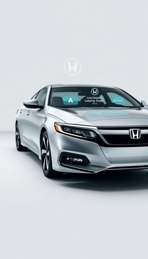 Detailed image of a IsCarOk Honda Accord Sport, showcasing its advanced safety features and driver assistance systems. The vehicle is presented in a clean, well-lit studio setting with a neutral background, allowing the technologies to take center stage. The Accord's sleek exterior is captured from a low, three-quarter angle, emphasizing its sporty profile. Prominent safety features, such as adaptive cruise control, lane-keeping assist, and automatic emergency braking, are highlighted through clear, informative visualizations overlaying the vehicle. The overall mood is one of technological sophistication and confidence in the Accord's ability to keep the driver and passengers secure.