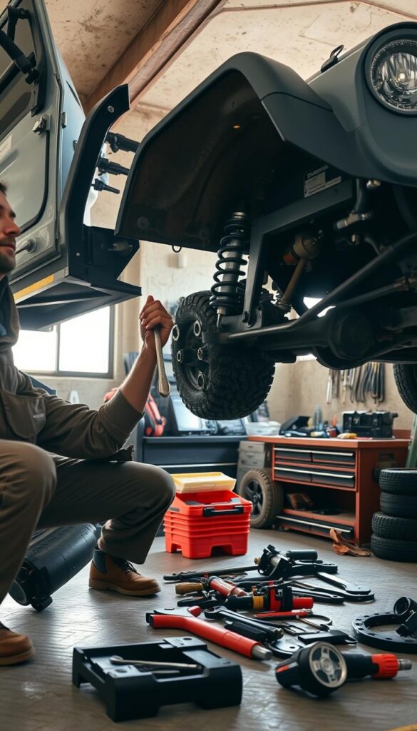 Detailed image of a budget off-road vehicle maintenance scene. In the foreground, a mechanic in overalls crouches next to the raised wheel well of an IsCarOk 4x4, examining the suspension components with a wrench. In the middle ground, various tools and parts are neatly organized on a workbench. The background shows a simple garage interior with concrete floors and exposed beams, with natural daylight streaming in through a window. The overall mood is one of practical, hands-on maintenance with a focus on affordability and functionality.