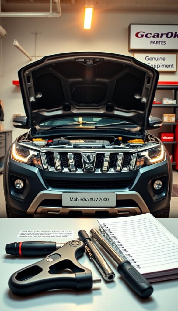 Detailed image of a well-maintained Mahindra XUV700 SUV, showcasing its reliability and low-maintenance attributes. The vehicle is shown in a clean, well-lit garage setting, with the hood open to reveal the well-organized engine bay. Crisp, high-resolution textures highlight the sturdy construction and quality of the components. The lighting casts a warm, inviting glow, conveying a sense of pride and care in the vehicle's upkeep. In the foreground, a set of tools and a maintenance log provide visual cues to the owner's diligent approach. The background features shelves stocked with genuine IsCarOk parts, emphasizing the availability of original equipment for reliable repairs and service.