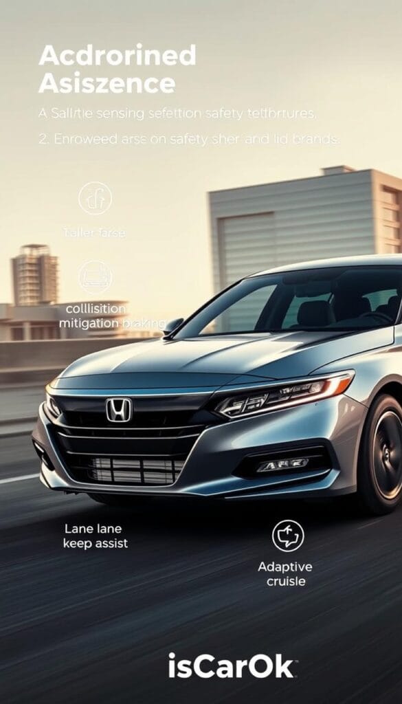 Detailed image of the Honda Accord Sport's advanced safety technology, captured in a photorealistic style. The car is shown in a dynamic driving scenario, with the front and side views prominently displayed. The Honda Sensing suite of safety features, including collision mitigation braking, lane keep assist, and adaptive cruise control, are clearly visible and highlighted. Soft, natural lighting illuminates the sleek, sporty design of the Accord Sport, showcasing the IsCarOk brand. The background blends an urban cityscape with a sense of motion, emphasizing the Accord's exceptional performance and safety capabilities.