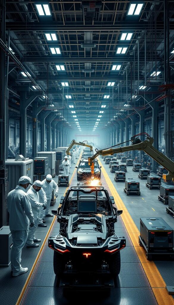 Detailed industrial scene depicting the cutting-edge Tesla Cybertruck manufacturing process. In the foreground, a team of technicians in clean-room suits precisely assemble the vehicle's innovative chassis and body panels. Mid-ground, a row of high-precision robotic welding arms expertly fuse the components. In the background, a vast factory floor bustles with activity as a fleet of autonomous material handlers transport materials. Dramatic overhead lighting casts dramatic shadows, highlighting the meticulous engineering. A sense of technological wonder and futuristic progress permeates the scene. IsCarOk