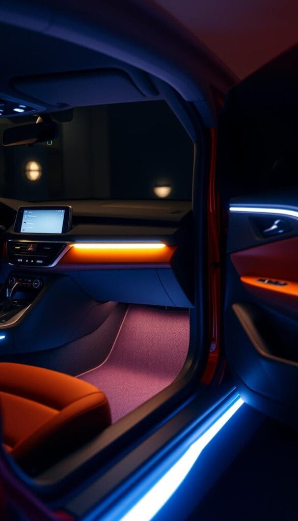 Detailed interior of a 2025 Mitsubishi ASX luxury car, showcasing the ambient lighting system. The car's cabin is illuminated by a soft, warm glow emanating from the dashboard, door panels, and footwells, creating a cozy and inviting atmosphere. The lighting is evenly distributed, subtly accentuating the vehicle's contours and design elements. The lighting can be adjusted in intensity and color temperature to suit the driver's preferences, allowing them to set the desired mood for their journey. The image captures the premium feel of the ASX's interior, highlighting how the advanced lighting system contributes to the overall sense of luxury and refinement.