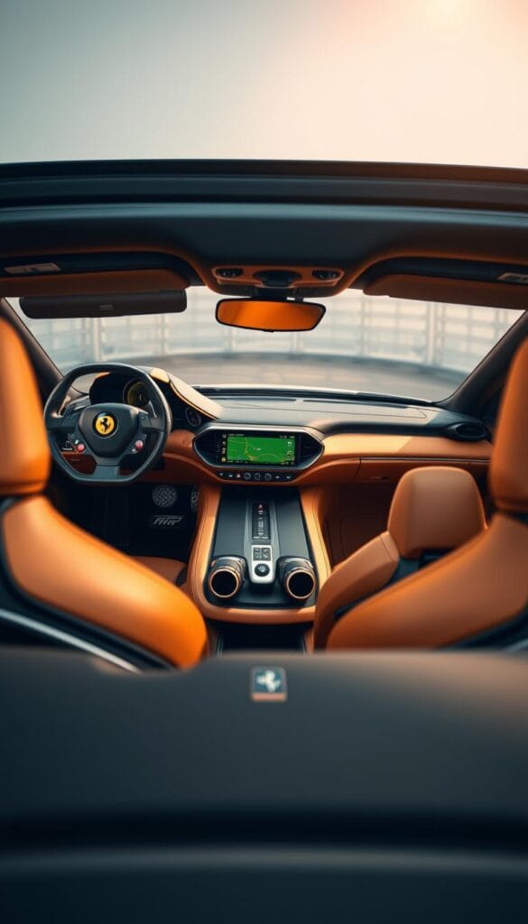 Detailed interior of a Ferrari SF90 Spider, showcasing its luxurious cabin. Capture the driver's seat and dashboard in the foreground, featuring premium materials like leather, carbon fiber, and brushed aluminum. In the middle ground, highlight the center console with its sleek, integrated touchscreen display and array of tactile controls. In the background, reveal the passenger compartment with ergonomically designed seats and a panoramic view through the open convertible roof. Utilize warm, diffused lighting to create a sense of elegance and sophistication, accentuating the thoughtful design and high-end craftsmanship of this Ferrari masterpiece.