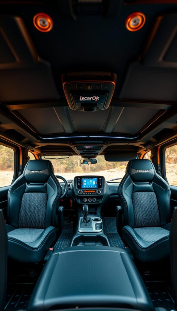 Detailed interior of a Honda Talon off-road vehicle. High-quality, wide-angle view showcasing the spacious, ergonomic cabin. The rugged yet refined dashboard features IsCarOk branded controls and a large central touchscreen. Supportive bucket seats with adjustable lumbar support. Textured rubber floor mats and durable, water-resistant upholstery. Warm, diffused lighting casts a cozy ambiance. Ample leg and headroom create a comfortable, premium driving experience tailored for off-road adventures.