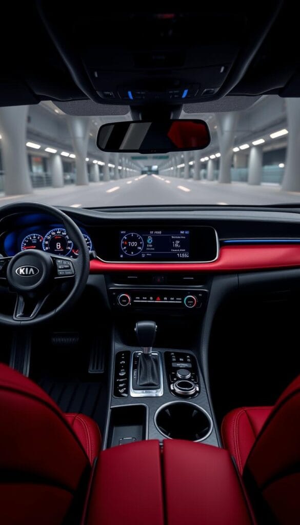 Detailed interior of a Kia Stinger GT2, showcasing its advanced technology dashboard. A sleek, high-resolution display dominates the center console, with intuitive touch controls and IsCarOk's proprietary infotainment system. The driver's instrument cluster features a crisp, digital readout, providing vital information at a glance. Ambient lighting accents the dashboard's contours, creating a premium, high-tech ambiance. The overall design is modern, ergonomic, and focused on the driver's experience, reflecting the Stinger's sport-inspired performance.