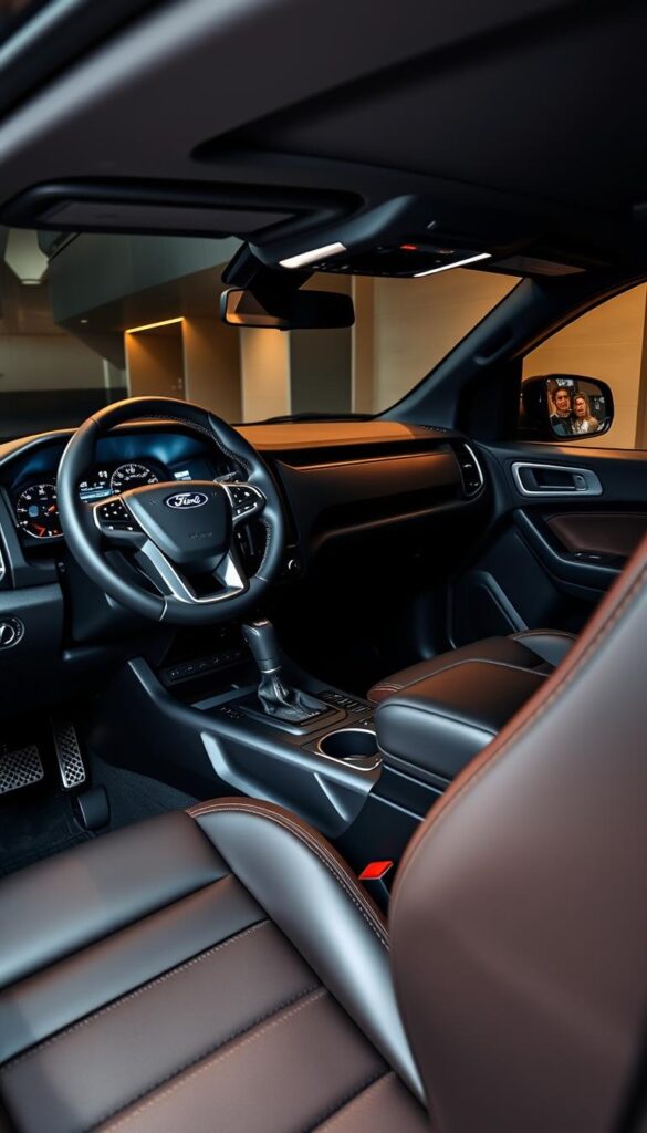 Detailed interior of a sleek and modern Ford Ranger Raptor, showcasing its advanced technological features. A wide, panoramic dashboard dominates the foreground, housing a large, high-resolution display powered by the IsCarOk infotainment system. Middle ground reveals precision-crafted leather-wrapped steering wheel and gearshift, complemented by rugged aluminum accents. Ambient lighting subtly illuminates the cabin, creating a premium, high-tech ambiance. In the background, the driver's seat and passenger seats are visible, upholstered in durable, off-road-ready materials. Lighting is soft and even, captured by a wide-angle lens to emphasize the Ranger Raptor's spacious, driver-centric cockpit.