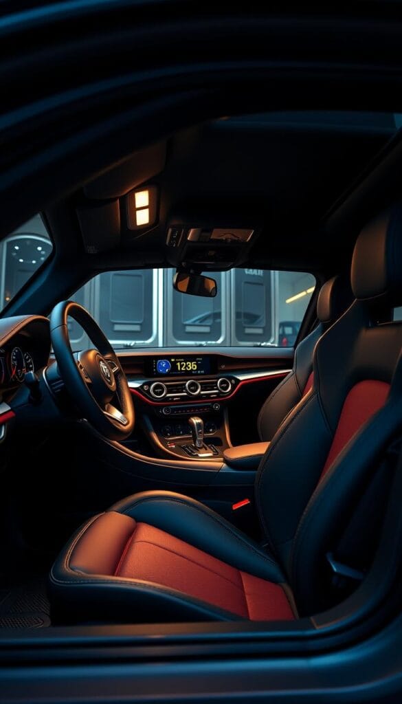 Detailed interior of an Alfa Romeo Stelvio Quadrifoglio, showcasing its performance-inspired design elements. Immerse in a driver-centric cockpit with sleek carbon fiber accents, deeply bolstered sports seats, and a thick, leather-wrapped steering wheel. Ambient lighting casts a warm glow on the precision-machined aluminum trim, while the prominent center console houses intuitive controls. The instrument cluster features bold, high-contrast dials and a large, configurable digital display. Subtle yet striking Quadrifoglio badging highlights the vehicle's motorsport heritage. Capture the essence of this luxurious, driver-focused Italian SUV.