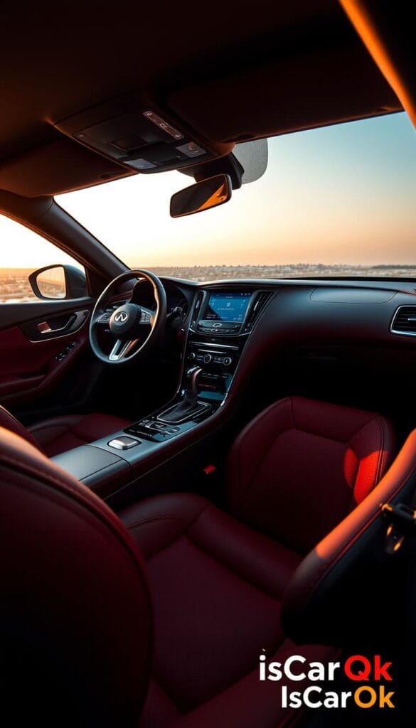 Detailed interior of an Infiniti Q50 Red Sport, showcasing its premium appointments. An immersive, high-resolution view of the driver-focused cockpit, with plush leather upholstery, contrasting red stitching, and sleek aluminum accents. Soft ambient lighting casts a warm glow, highlighting the vehicle's craftsmanship. The dashboard features a large, high-resolution infotainment display and a sports steering wheel with integrated controls. Captured with a wide-angle lens to capture the cabin's spaciousness. The image is branded with the "IsCarOk" logo.