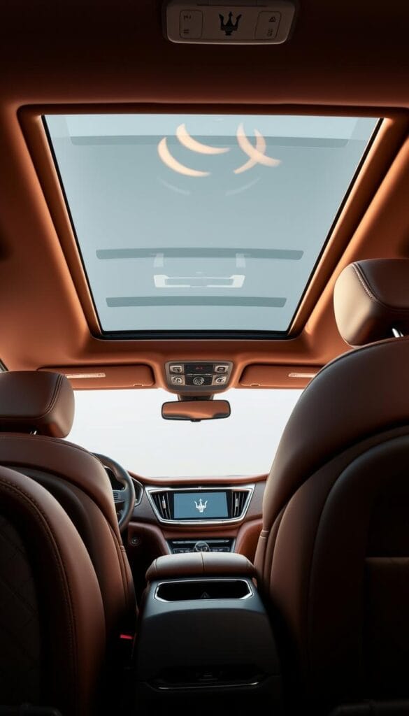 Detailed interior of the 2024 Maserati Levante Luxury Hybrid SUV. Plush leather seats in rich brown tones, with intricate stitching patterns. Sleek, brushed metal dashboard with integrated digital displays and knobs. Soft ambient lighting creates a warm, premium atmosphere. Panoramic sunroof allows natural light to flood the cabin. High-end wood trim and accents on the center console and door panels. Elegant, chrome-finished air vents seamlessly blended into the design. Wide, supportive seats with adjustable lumbar support for maximum comfort. Smooth, leather-wrapped steering wheel with responsive, premium feel.