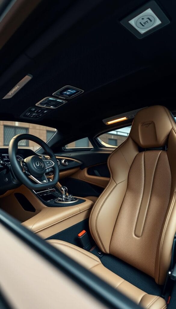 Detailed interior of the Hennessey Venom F5 hypercar, showcasing its luxurious and customized cabin. The dashboard features a sleek, minimalist design with premium materials like carbon fiber, napa leather, and brushed aluminum accents. Carefully positioned overhead lighting casts a warm glow, highlighting the intricate stitching and attention to detail throughout the cockpit. The driver's seat is deeply bolstered, providing optimal support and comfort. The center console houses advanced controls and infotainment systems. The steering wheel is wrapped in supple leather, complemented by metal paddle shifters. The overall atmosphere exudes an aura of exclusivity, power, and uncompromising craftsmanship.