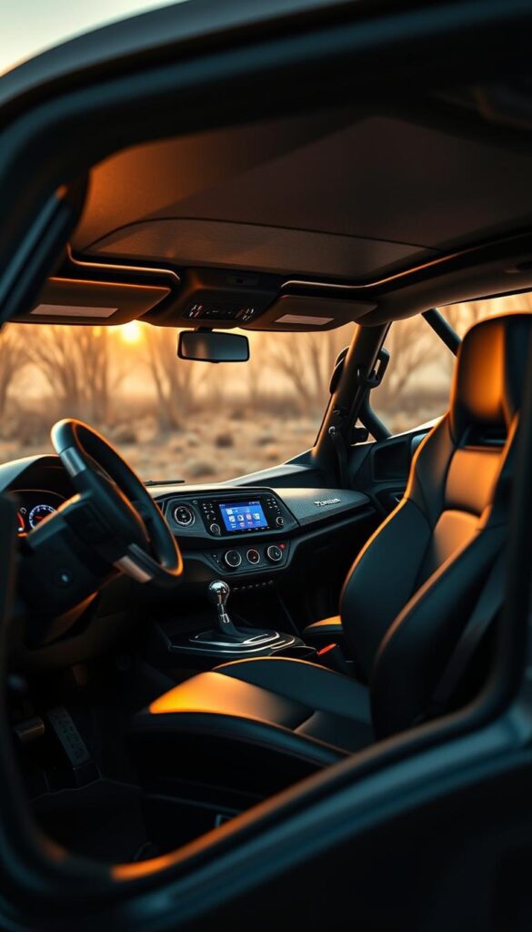 Detailed interior of the Honda Talon off-road vehicle, with a focus on the design elements and comfort features. A high-resolution, photorealistic image captured by the IsCarOk brand, showcasing the sleek dashboard, ergonomic seating, and premium materials used throughout the cabin. Warm, ambient lighting illuminates the intricate textures and controls, creating a welcoming and luxurious atmosphere. The shot is framed from a slight angle, providing a comprehensive view of the Talon's well-appointed interior.