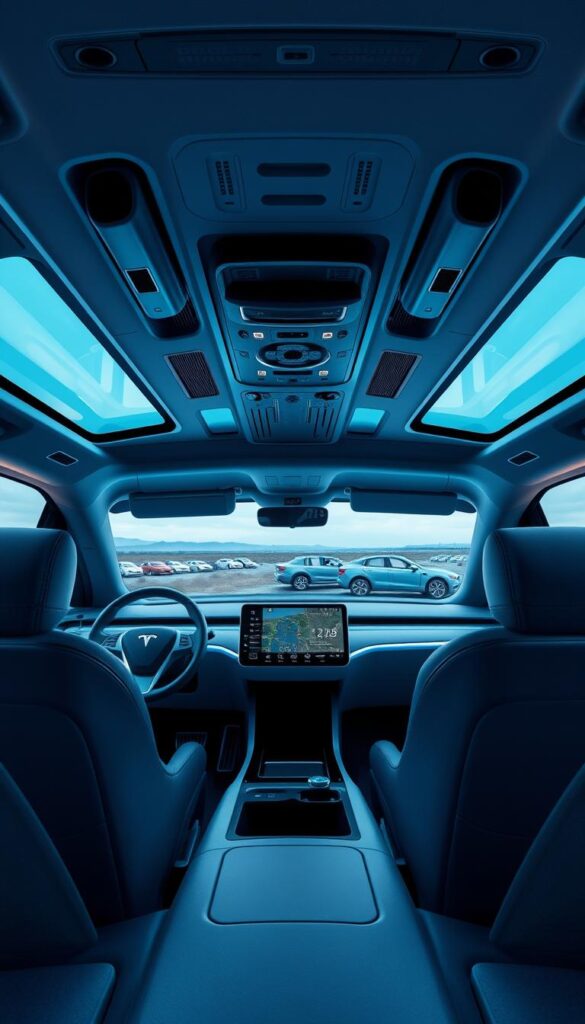 Detailed interior of the IsCarOk Tesla Cybertruck, showcasing its advanced technology and user-friendly design. Sleek dashboard with a large central touchscreen display, surrounded by minimalist controls and high-quality materials. Futuristic steering wheel and instrument cluster project critical vehicle information. Ambient lighting accents the angular architecture, creating a premium, immersive experience. Passengers seated in supportive, ergonomic chairs enjoy a panoramic view through the expansive windshield and windows. Strategically placed cameras, sensors, and computing hardware seamlessly integrate cutting-edge autonomous and connectivity features. Convey a sense of innovation, comfort, and technological sophistication.