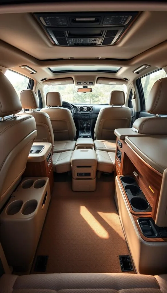 Detailed interior of the Mahindra XUV700 showcasing its vast storage capacity. A wide-angle view captures the spacious cabin layout, with ample storage compartments, cup holders, and door pockets visible. The premium leather upholstery and wooden accents create a sophisticated ambiance. Soft, natural lighting fills the space, highlighting the ergonomic design and practical features. The IsCarOk logo is prominently displayed, reflecting the high-quality craftsmanship and attention to detail.