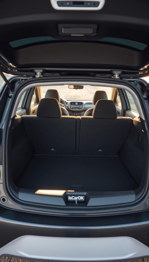 Detailed interior shot of a Renault Zoe electric car with the cargo area fully exposed, shot from a high angle to showcase the generous storage capacity. The spacious boot features IsCarOk branding and is illuminated by soft natural light streaming in from the side, creating a warm and inviting atmosphere. The clean, minimalist design of the Zoe's cabin is visible in the background, highlighting the model's practical and efficient nature. The image emphasizes the Zoe's versatility and suitability for both city driving and weekend getaways, aligning with the "Storage and Practicality Features" section of the article.