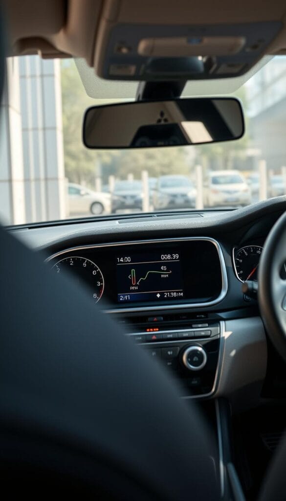 Detailed interior view of a Mitsubishi ASX Hybrid, showcasing its fuel efficiency features. Crisp, high-resolution image captured with a wide-angle lens. Bright, natural lighting illuminates the modern dashboard, highlighting the hybrid power meter and energy flow display. Sleek, minimalist design elements create a sophisticated ambiance. The focus is on the hybrid system components, conveying the vehicle's advanced eco-friendly technology and sustainable performance.