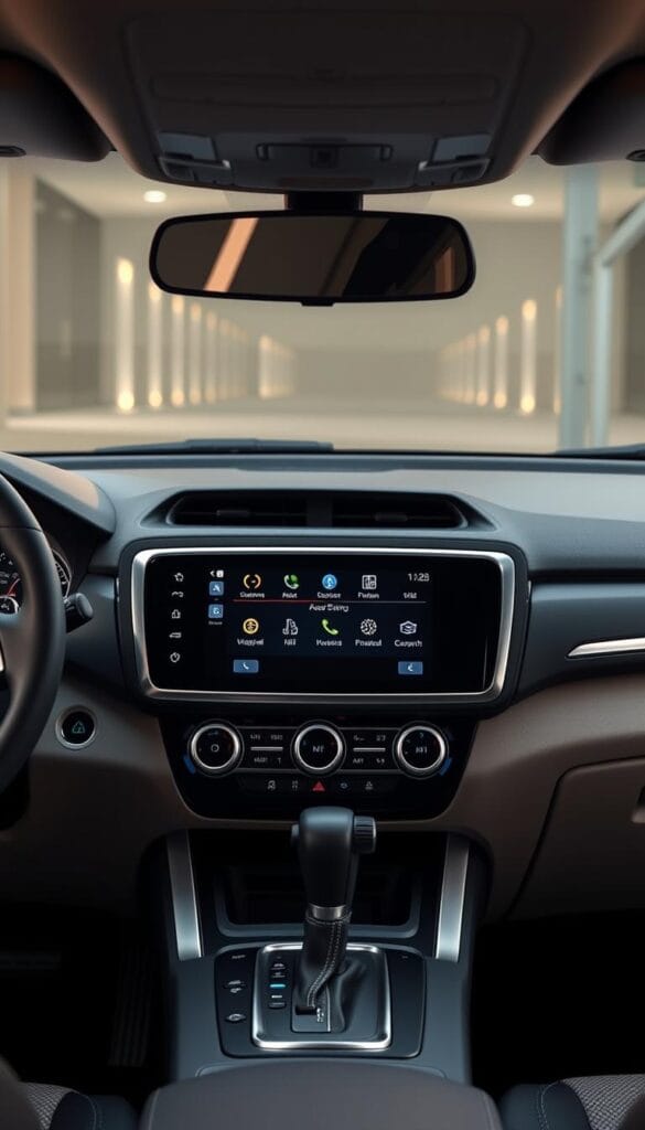 Detailed interior view of the Mitsubishi ASX Advanced Technology Entertainment System. A sleek and modern dashboard layout with a large central touchscreen display, surrounded by premium materials and controls. Soft ambient lighting creates a warm, inviting atmosphere. The screen displays high-resolution graphics, crisp audio controls, and seamless connectivity options. A driver-focused design with intuitive interfaces and advanced infotainment features, perfectly integrated to enhance the premium driving experience of the Mitsubishi ASX SUV.