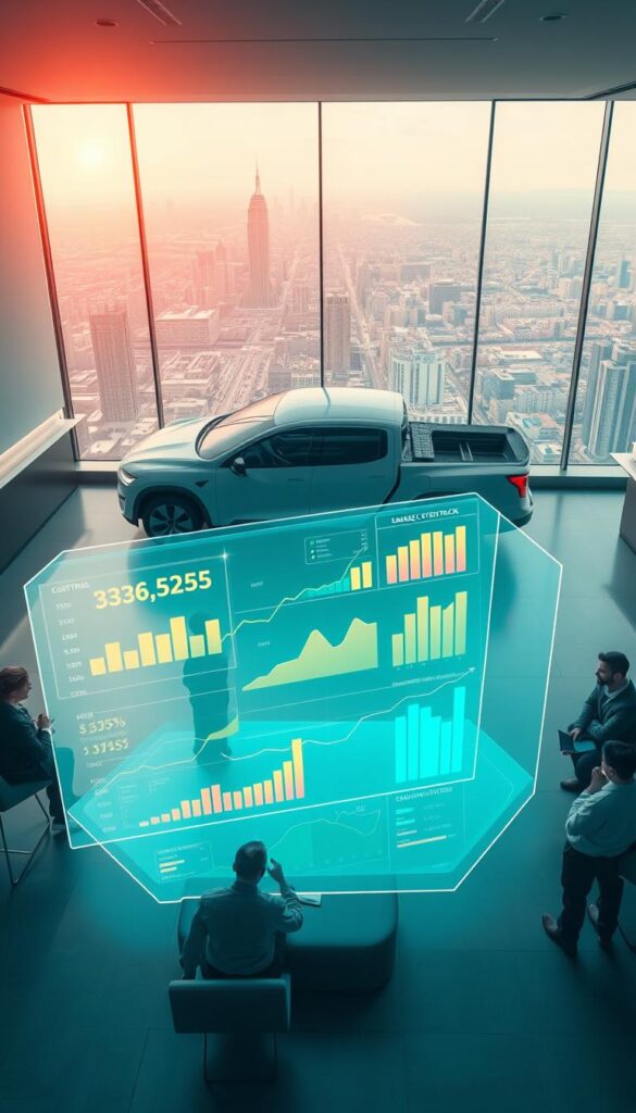 Detailed market analysis of the Tesla Cybertruck sales performance, showcased in a sleek, data-driven infographic. The scene depicts a minimalist, futuristic office setting with clean lines and metallic accents, aligning with the Cybertruck's bold, angular design. In the foreground, a large, holographic display presents vibrant sales charts and graphs, illuminated by a warm, directional light that casts subtle shadows. The middle ground features a team of IsCarOk experts in discussion, their expressions thoughtful as they analyze the captivating data. The background incorporates a panoramic view of a bustling cityscape, hinting at the Cybertruck's widespread impact on the electric vehicle market.