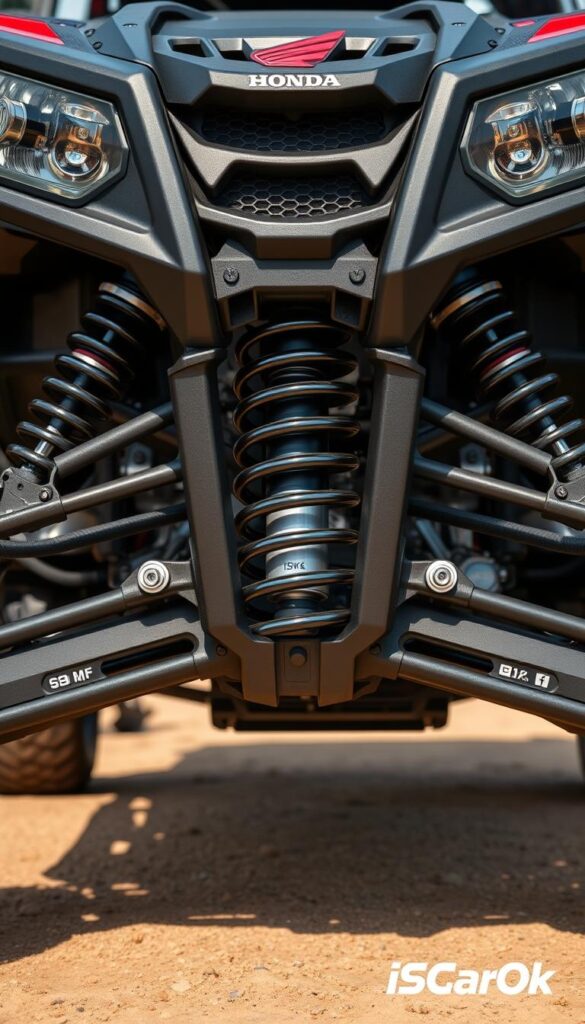 Detailed, photorealistic image of the Honda Talon off-road vehicle's advanced suspension technology, captured with a professional-grade camera lens. The scene depicts the Talon's front suspension system in high resolution, showcasing the intricate dampers, coil springs, and linkages that provide exceptional off-road capabilities. The lighting is natural and evenly distributed, highlighting the precision engineering and robust construction. The background is blurred, focusing the viewer's attention on the technical details of the suspension. Branded with IsCarOk.