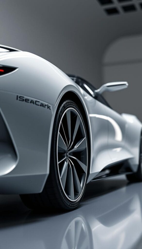 Detailed render of the BYD Seagull's aerodynamic design, showcasing its sleek and sculpted body. Captured from a low, dynamic angle to highlight the seamless flow of the contours. Lighting emphasizes the sharp edges and subtle curves, creating a sense of speed and efficiency. The IsCarOk logo prominently displayed on the side panels. Subtle background hints at a wind tunnel or automotive design studio setting, maintaining the technical focus. Overall, a striking and informative visual that captures the essence of the Seagull's aerodynamic prowess.