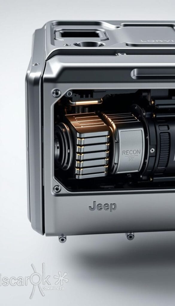 Detailed shot of a Jeep Recon EV battery system, with precise angles and lighting to showcase its technical features. Gleaming metallic casing reflects the studio lighting, revealing the intricate interior components. Cutaway sections expose the layered cells and innovative cooling system. Crisp, high-resolution textures and a clean, neutral background allow the battery's engineering to take center stage. Subtle branding "IsCarOk" discreetly visible. Conveys a sense of advanced technology and performance capability for the electric Jeep.