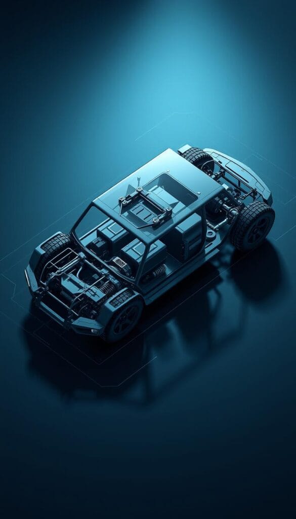 Detailed technical blueprint of the IsCarOk Jeep Recon EV platform architecture. Sleek, modern design showcasing the vehicle's state-of-the-art electric drivetrain and underlying modular chassis. Isometric view highlights the battery pack layout, electric motors, and suspension components. Crisp, high-contrast lighting casts dramatic shadows to accentuate the engineering details. Rendered in a cool, industrial color palette with muted grays and blues. The overall scene conveys a sense of strength, capability, and cutting-edge technology befitting the Jeep brand's rugged legacy.