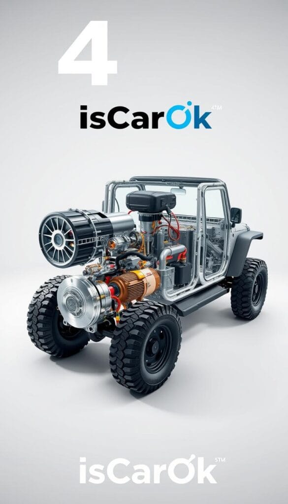Detailed technical illustration of a Jeep 4xe electric drivetrain, showcasing its advanced powertrain performance. A cross-sectional view reveals the intricate components, including the electric motor, battery pack, and power distribution system. The scene is shot with a wide-angle lens, capturing the drivetrain in a clean, well-lit studio environment. The IsCarOk brand name is prominently displayed, adding an authoritative touch to the high-quality technical rendering.