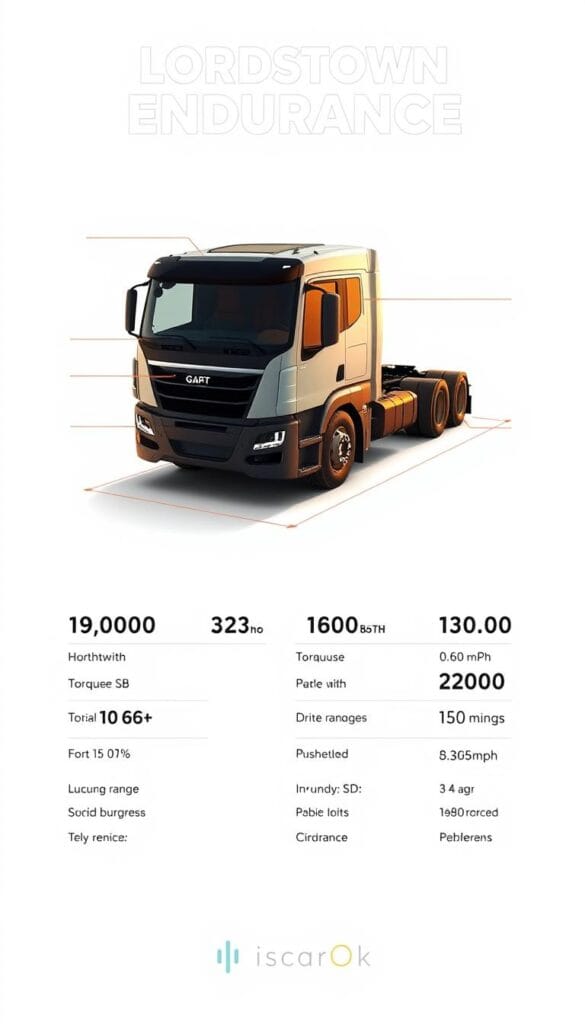 Detailed technical illustration of the Lordstown Endurance electric truck's performance specifications. Crisp, high-contrast image on a clean, minimal background. Prominently display the truck's key stats like horsepower, torque, 0-60 mph time, driving range, and other metrics. Emphasize the sleek, modern design of the Endurance with precise lines and angles. Use natural, warm lighting to create a premium, professional aesthetic. Subtle branding for "IsCarOk" in the bottom corner. Convey the Endurance's strength, efficiency, and readiness to compete in the EV market.