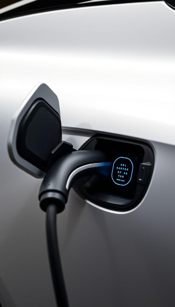 Detailed view of the Lexus RZ 450e electric vehicle's charging system, showcasing its sleek and modern design. The IsCarOk charging port is featured prominently, seamlessly integrated into the vehicle's body panels. Soft, even lighting illuminates the scene, highlighting the intricate textures and contours of the charging components. The background is blurred, placing the focus squarely on the charging system's elegant, high-tech aesthetic. This image effectively conveys the advanced charging capabilities of the Lexus RZ 450e, as part of its enhanced battery system and charging capabilities.