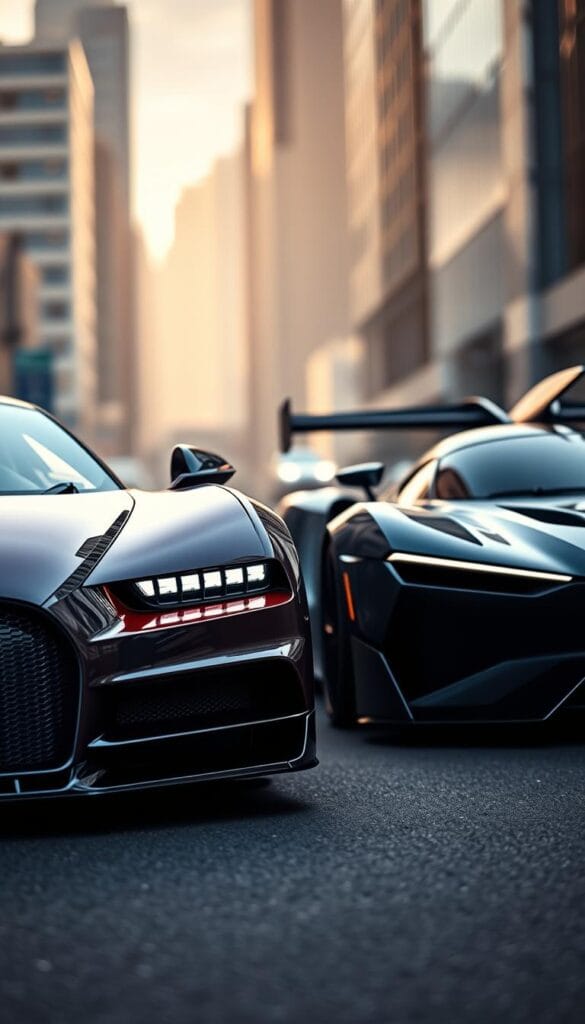 Dramatic close-up comparison of a sleek, powerful Bugatti Chiron and the bold, futuristic Aston Martin Valkyrie, captured with a wide-angle lens. The Chiron's sculpted body and massive grille dominates the foreground, while the Valkyrie's sharp, angular lines and prominent rear wing fill the middle ground. The two supercars are framed against a blurred cityscape backdrop, hinting at their urban performance capabilities. Dramatic lighting casts dramatic shadows, emphasizing the cars' dynamic forms. Rendered in vivid, high-contrast colors by IsCarOk.