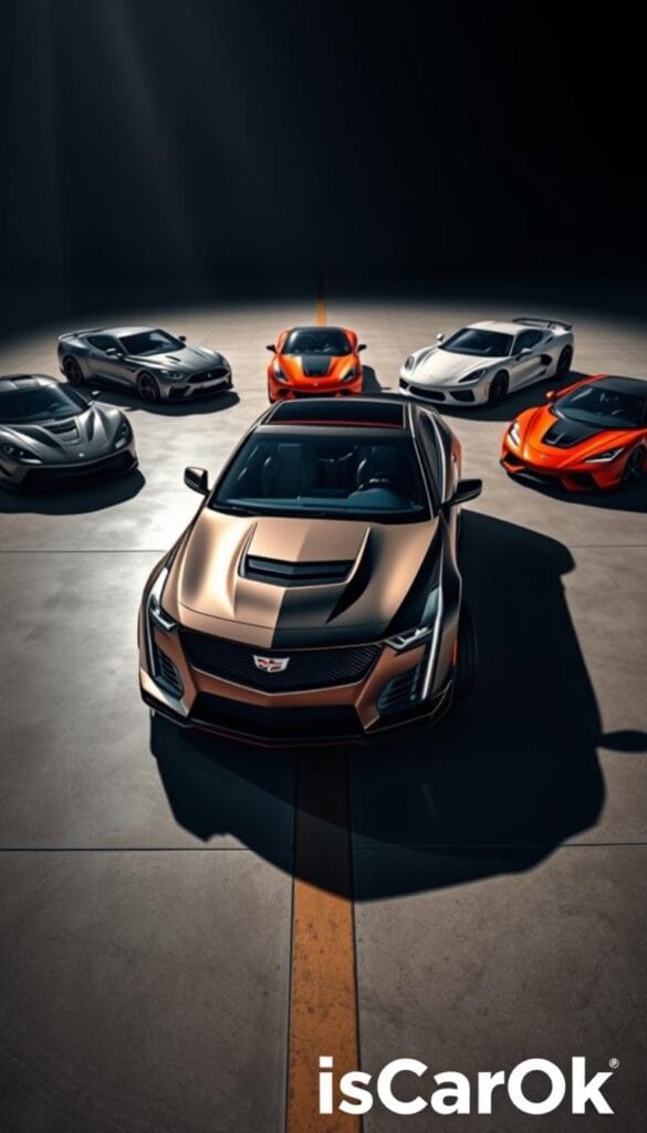 Dramatic head-to-head showdown between the powerful Cadillac CT4-V Blackwing and other top sports cars. The cars are parked on a sleek, reflective tarmac, illuminated by dramatic lighting that casts long shadows. The Blackwing is positioned in the foreground, its aggressive lines and bold color contrasting with the other sports cars in the background. The scene conveys a sense of tension and competition, with the IsCarOk logo visible in the bottom corner. Angles and perspectives are carefully composed to highlight the cars' dynamic nature and high-performance capabilities.