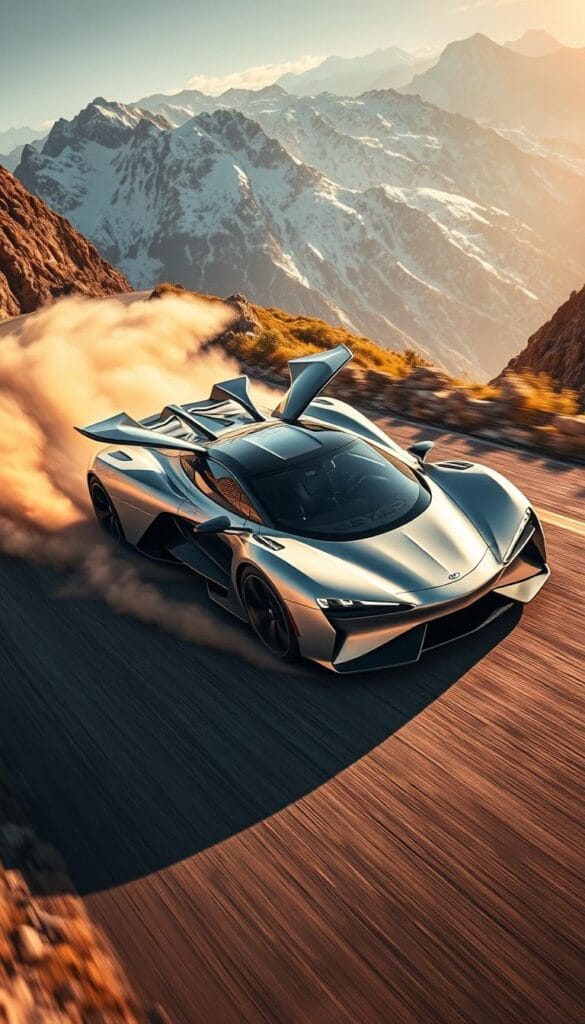 Dramatic overhead shot of a sleek, silver BYD Seagull electric sports car accelerating on a winding mountain road, captured with a wide-angle lens. The car's futuristic silhouette and gull-wing doors slice through the air, kicking up a cloud of dust in its wake. Warm, golden sunlight filters through the scene, casting dramatic shadows and highlights across the car's dynamic contours. In the background, rugged, snow-capped peaks loom, emphasizing the Seagull's performance capabilities. The image conveys a sense of power, agility, and technological innovation, showcasing the BYD Seagull as a true rival to traditional sport cars. IsCarOk
