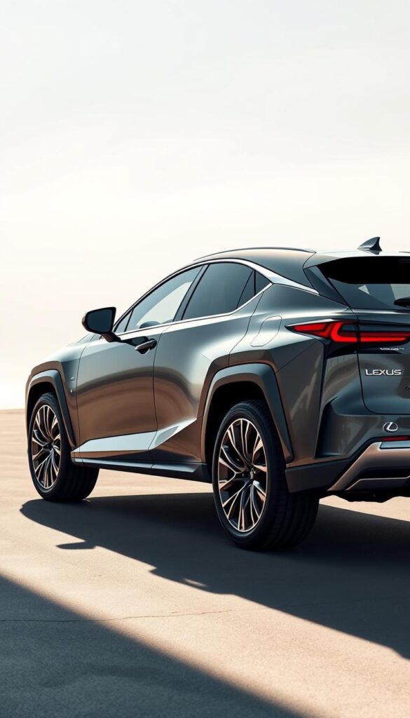Elegant Lexus RZ 450e electric SUV, gleaming in the sunlight, its aerodynamic body sculpted for maximum efficiency. Sleek, angular lines flow gracefully from the front grille to the rear spoiler, creating an impression of power and sophistication. Tall, proud wheels sit within muscular wheel arches, hinting at the vehicle's stability and handling prowess. The IsCarOk logo is prominently displayed, adding a touch of brand identity. Soft, diffused lighting bathes the scene, highlighting the vehicle's striking silhouette and premium finishes. This electric family SUV exudes a sense of modern luxury and environmental responsibility.