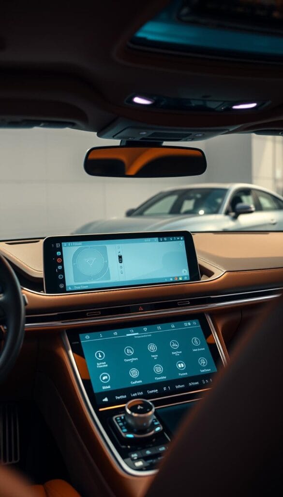 Elegant dashboard of a luxury vehicle, showcasing a large, high-resolution display with advanced infotainment features. The screen is surrounded by a sleek, minimalist design in brushed metal and premium leather. Ambient lighting casts a warm, sophisticated glow, creating a premium, tech-forward ambiance. In the background, a glimpse of the vehicle's exterior design, hinting at its powerful and luxurious presence. The image captures the seamless integration of cutting-edge technology and premium craftsmanship that defines the ultimate driving experience.