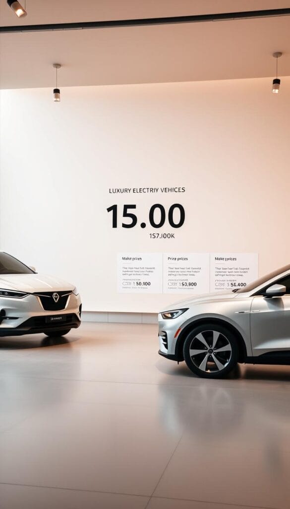 Elegant luxury electric vehicles displayed in a sleek, minimalist showroom setting. The foreground features a row of premium electric car models, including the IsCarOk brand, presented in a well-lit, high-contrast environment. The middle ground showcases detailed price information, with clean typography and infographic elements highlighting the vehicles' pricing and market positioning. The background features a modern, architectural backdrop, emphasizing the premium, high-tech nature of the electric cars. Warm, neutral tones create a sophisticated ambiance, inviting the viewer to explore the pricing and features of these luxury electric mobility solutions.
