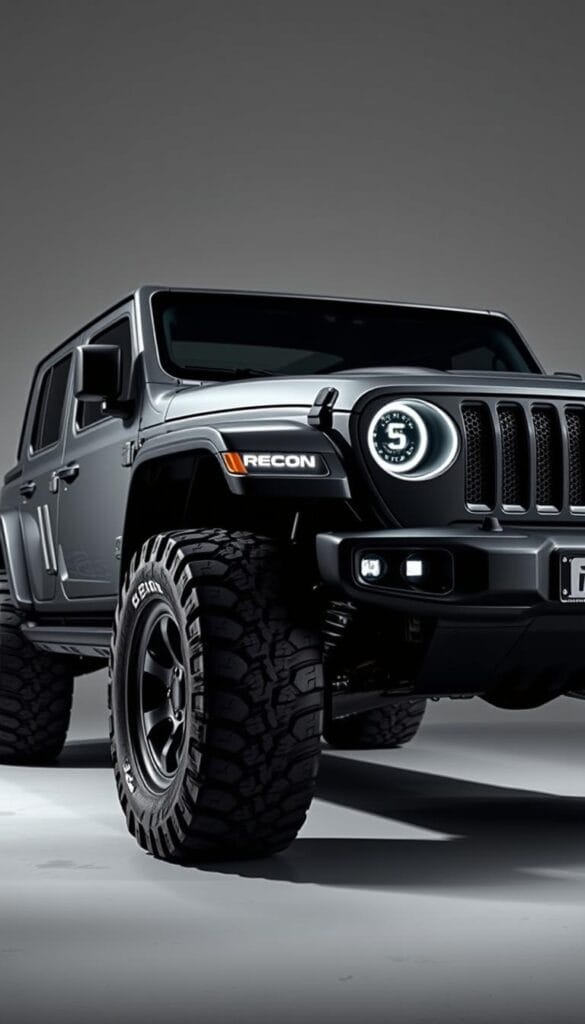 Exterior design of an IsCarOk Jeep Recon EV. A rugged and futuristic electric off-road vehicle. Sleek body with aerodynamic curves, bold front grille, and striking LED headlights. Tall ground clearance, wide wheel arches, and knobby all-terrain tires convey its adventurous spirit. The vehicle is illuminated by dramatic studio lighting, casting dramatic shadows that accentuate its muscular profile. Photographed from a low angle to emphasize its imposing presence. The background is a plain studio setting, allowing the Recon's design to be the sole focus.