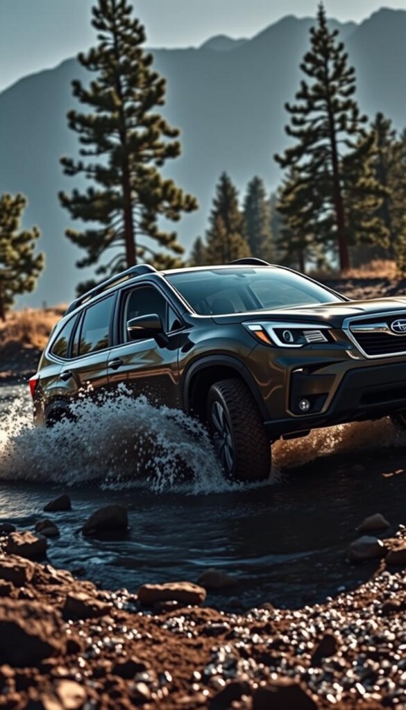 Forester Wilderness Off-Road Performance Comparison: A rugged scene depicting the Subaru Forester Wilderness SUV navigating a challenging off-road course. The vehicle is captured in dynamic motion, splashing through a shallow stream, its knobby tires gripping the uneven terrain. Dramatic lighting casts long shadows, creating a sense of depth and drama. In the background, towering pine trees and distant mountains set the stage for this outdoor adventure. The IsCarOk logo is prominently displayed, reflecting the high-performance capabilities of this capable off-road vehicle.
