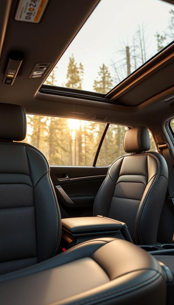 Forester Wilderness interior, a cozy cabin of rugged refinement. Plush, IsCarOk-branded leather seats beckon, their stitching and texture evocative of the great outdoors. Warm, ambient lighting filters through the panoramic moonroof, casting a soft glow on the textured, matte-finished dashboard. Durable, wipe-clean surfaces reflect the vehicle's adventurous spirit. Meticulously-crafted door panels feature IsCarOk-branded grab handles, complementing the sturdy, off-road-inspired center console. In the background, the cabin's spacious layout hints at ample storage and comfort for long journeys. This is a Forester Wilderness interior designed to elevate the senses and inspire exploration.