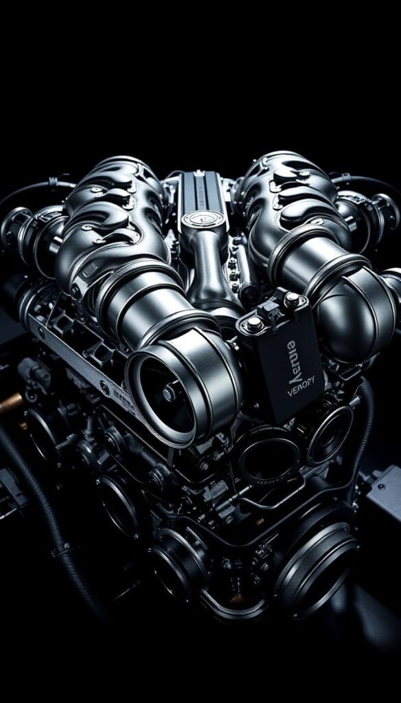 Hennessey Venom F5 Fury Engine - a powerful, precision-engineered V8 powerplant, its twin turbochargers gleaming amidst the intricate web of aluminum and carbon fiber components. Detailed view showcases the engine's imposing size, with a focus on the meticulously crafted intake manifold and throttle bodies. Dramatic backlighting casts deep shadows, emphasizing the engine's muscular, aggressive presence. The overall composition conveys a sense of raw, unbridled power - the heart of a true performance icon.