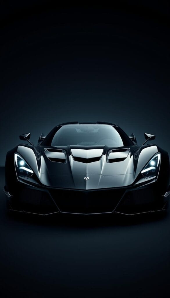 Hennessey Venom F5 Limited Edition Supercar in a sleek, glossy black finish, showcased in a dimly lit studio setting. The car's aerodynamic body, with its sharp edges and low-slung profile, is captured in a 3/4 front view, highlighting the aggressive front grille and piercing headlights. The background is a seamless gradient, allowing the limited edition supercar to take center stage. Subtle ambient lighting casts dramatic shadows, accentuating the Venom F5's muscular curves and intricate carbon fiber details. The overall mood is one of exclusivity, power, and the pinnacle of automotive engineering.