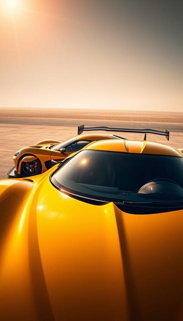 Hennessey Venom F5 Luxury Automotive Masterpiece, a stunning hypercar showcasing the pinnacle of automotive engineering. In the foreground, the sleek, aerodynamic body shines under the warm, golden hues of the sun, accentuating the sculpted lines and aggressive stance. The middle ground reveals the intricate details, from the razor-sharp headlights to the prominent rear spoiler, all working in harmony to maximize performance. In the background, a minimalist, high-contrast environment sets the stage, emphasizing the Venom F5's bold, unapologetic design. Captured with a cinematic, wide-angle lens, the image conveys a sense of power, exclusivity, and the sheer artistry of this automotive masterpiece.